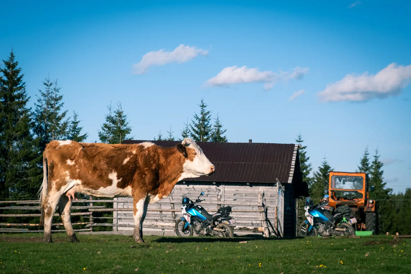 Adventure motorcycle riding through the Romanian countryside
