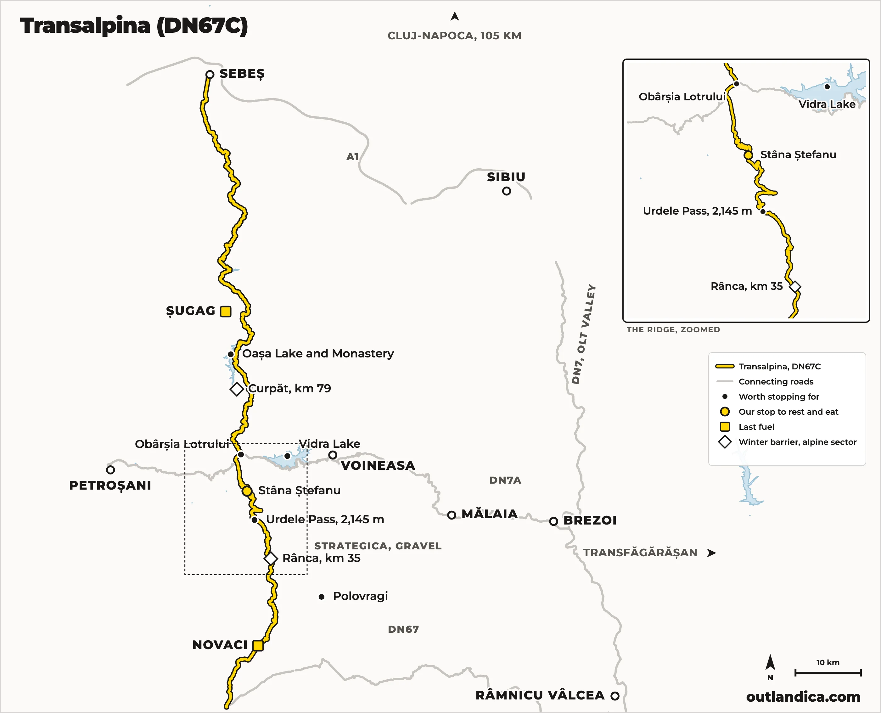 Map of the Transalpina (DN67C) from Sebeș to Novaci, with Oașa Lake, Obârșia Lotrului, Stâna Ștefanu, Urdele Pass at 2,145 m, Rânca, the winter barriers, the last fuel stops and the Strategica gravel road to the Olt Valley