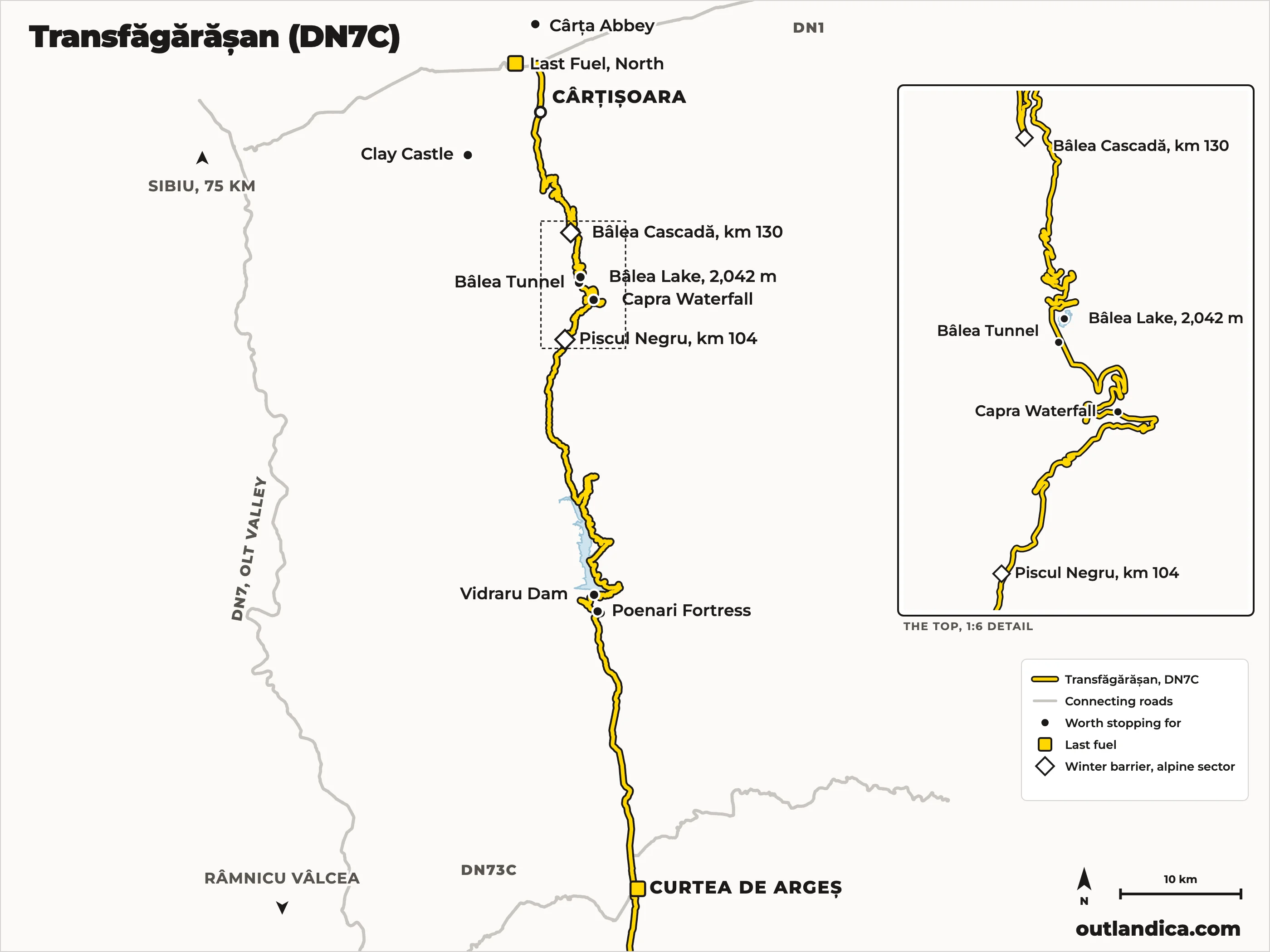 Map of the Transfăgărășan (DN7C) from Curtea de Argeș to Cârțișoara, with Bâlea Lake, the tunnel, Vidraru dam, Poenari fortress, the winter barriers and the last fuel stops